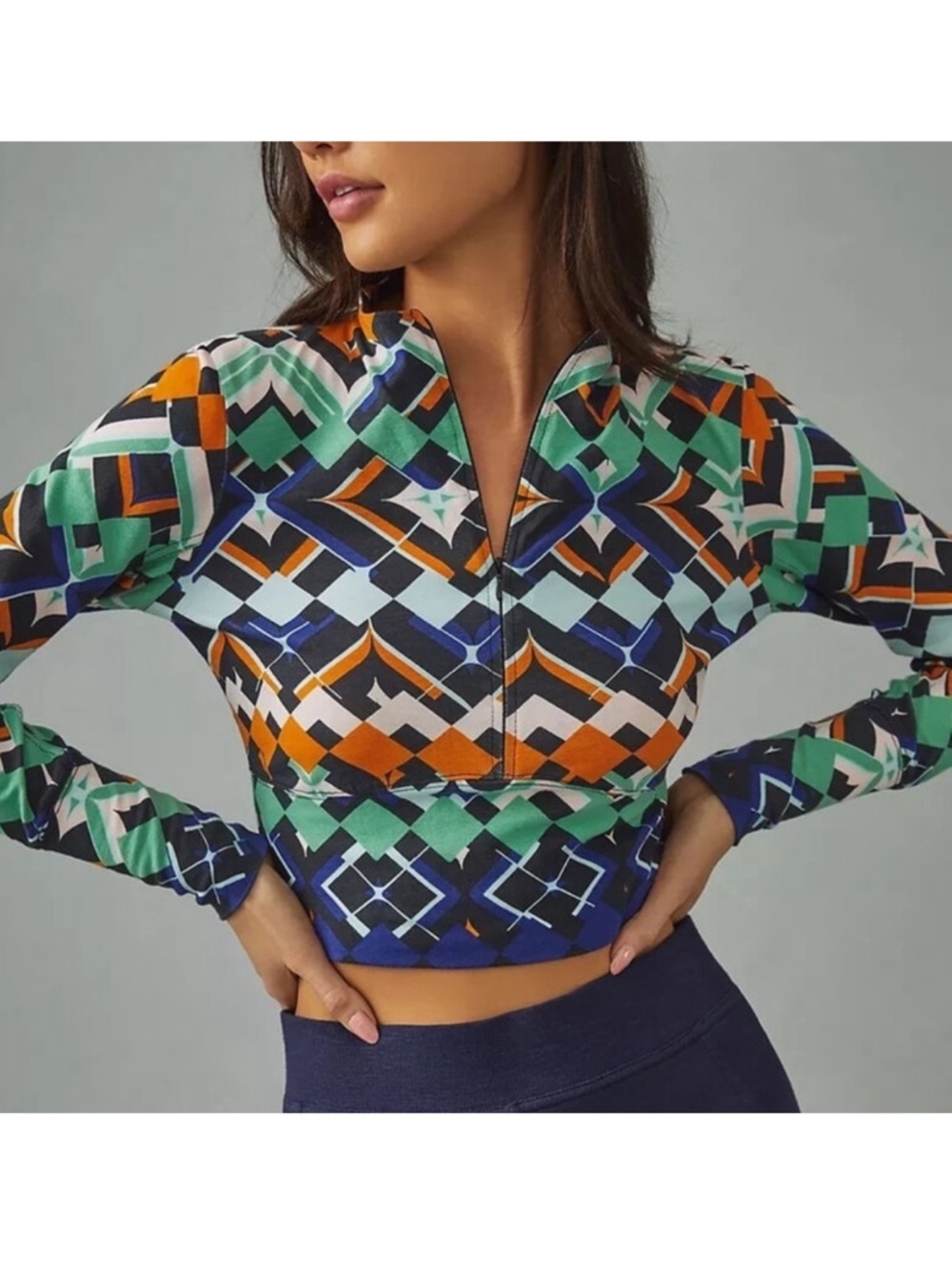 EUC Anthropologie Daily Practice zip-Up Geometric Top Size XXS